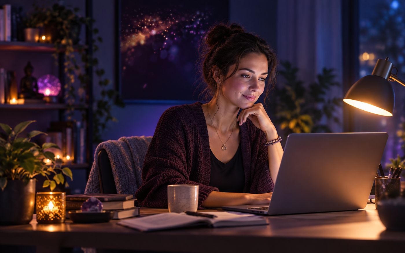Consulent aan een laptop in een warm verlichte werkkamer met kaarsen